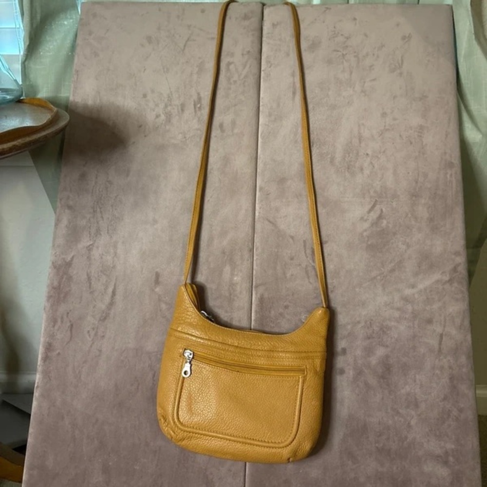 Mustard Yellow Leather Shoulder Bag with Front Zip Pocket
